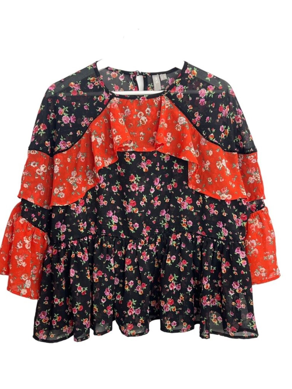 ASOS Womens 8 Black Orange Floral Ruffle Blouse Tiered Boho Romantic Cottagecore